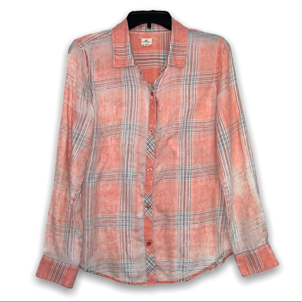 O’Neill Beachy Peach Plaid Distressed Lightweight Button Down Shirt | Size M